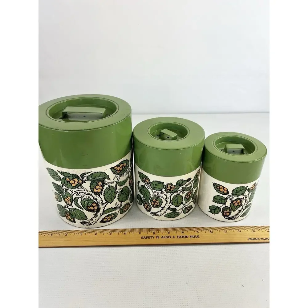 Vintage 70s Leaves & Fruit Kitchen Metal Canisters Nesting Green Cream READ